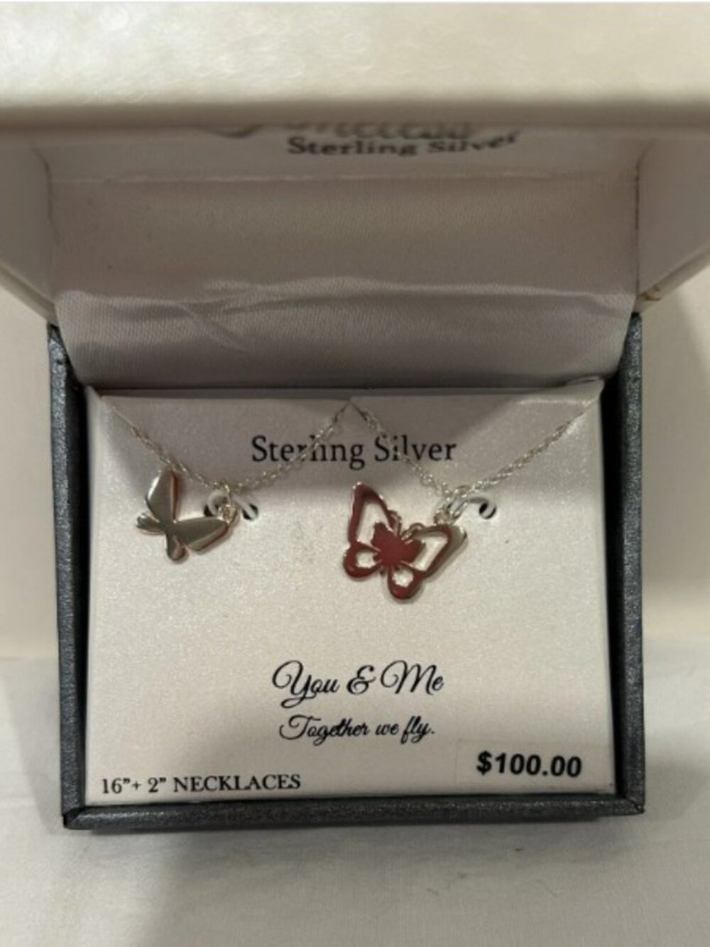 Timeless Sterling Silver You Me Together We Fly Set of 2 Butterfly Necklaces NIB